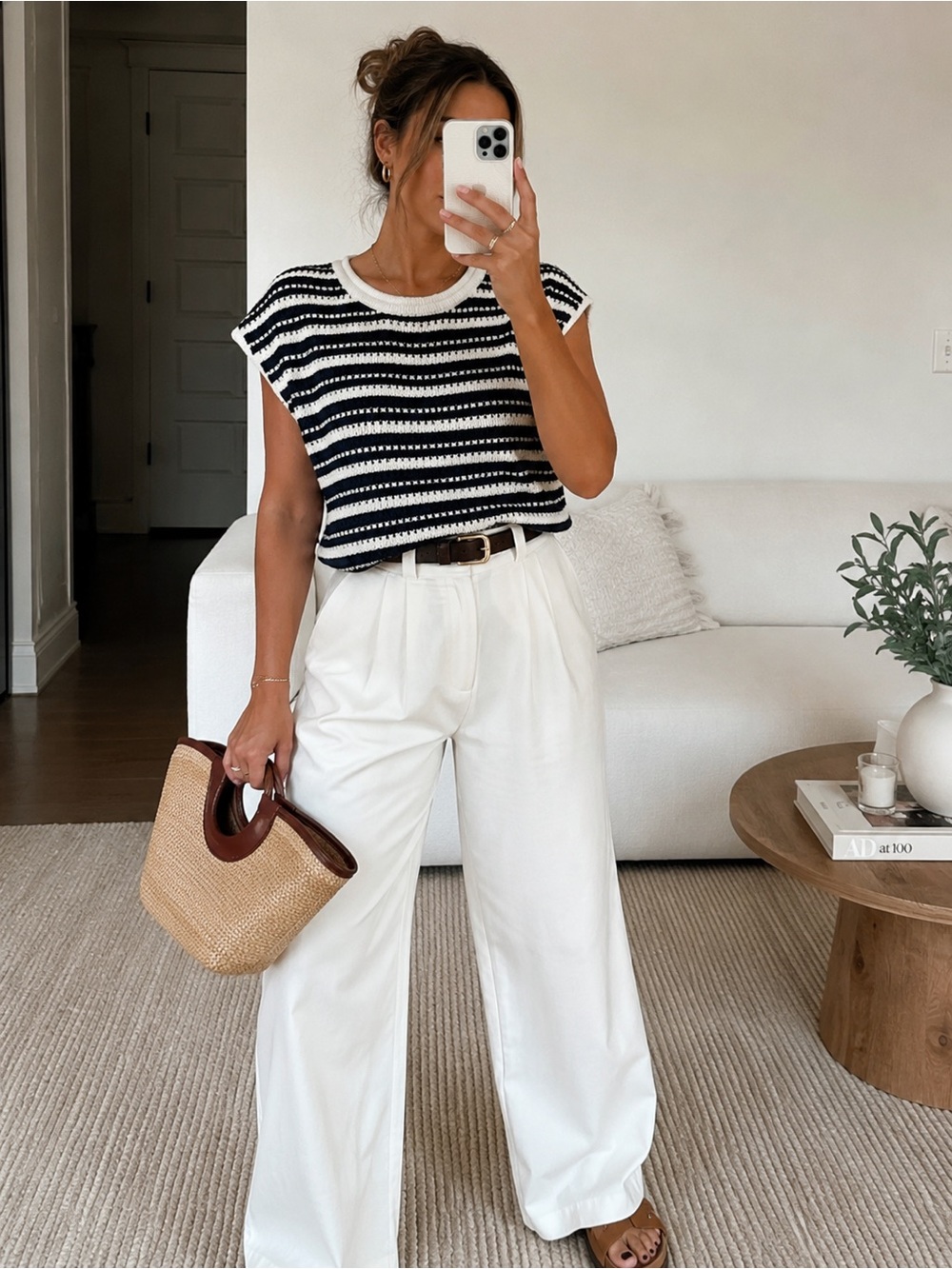 Joie navy & White Striped Knit Cap-Sleeve Top
